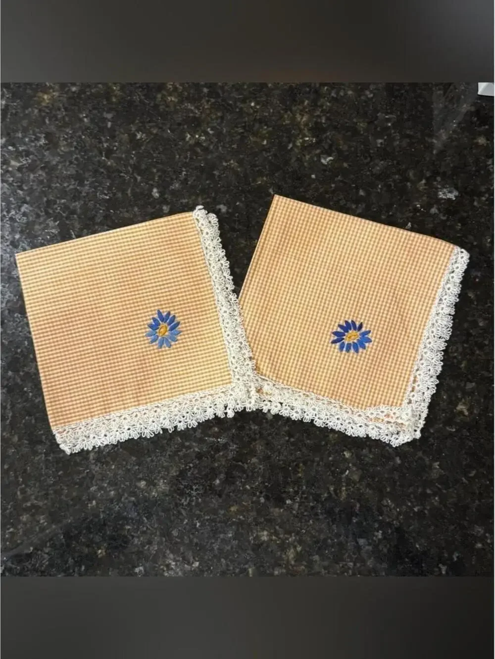 Vintage Orange Gingham Cloth Napkins with Hand-Embroidered Blue Daisy